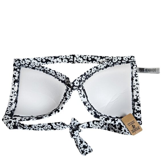 Pink By Victoria Push Up Halter Tie Bikini Swim Top L-DD Floral Black White NWT - Picture 2 of 10